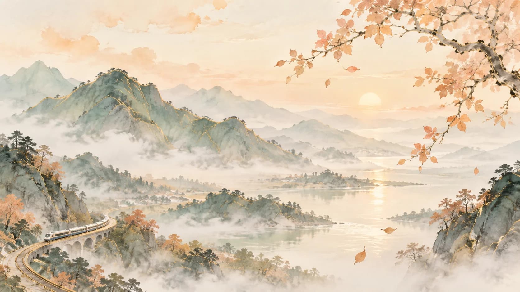 An imagined autumn train journey through misty Chinese mountains in soft watercolor.