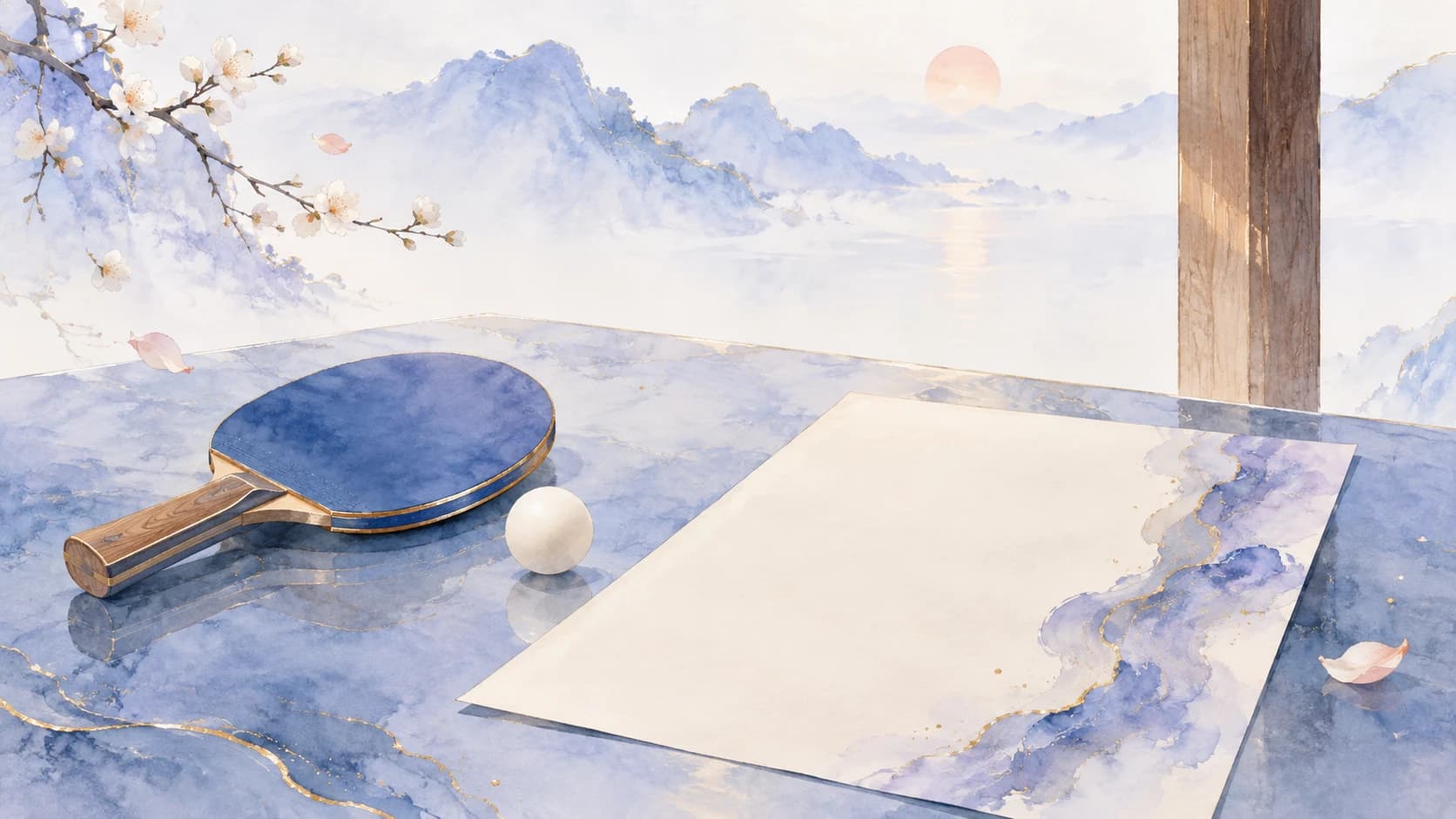 A blue table-tennis paddle and ball beside an unlettered paper sheet and wooden support in an airy watercolor scene.