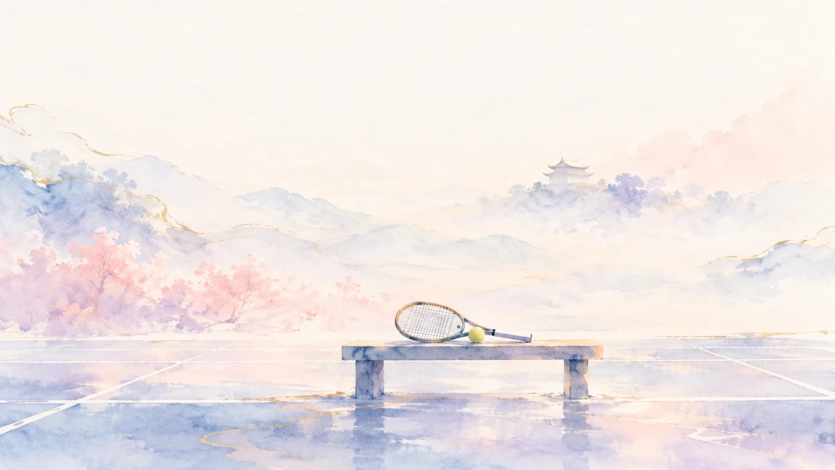 An airy blue and pink watercolor of a tennis racket beside a quiet court and a distant simplified roof.