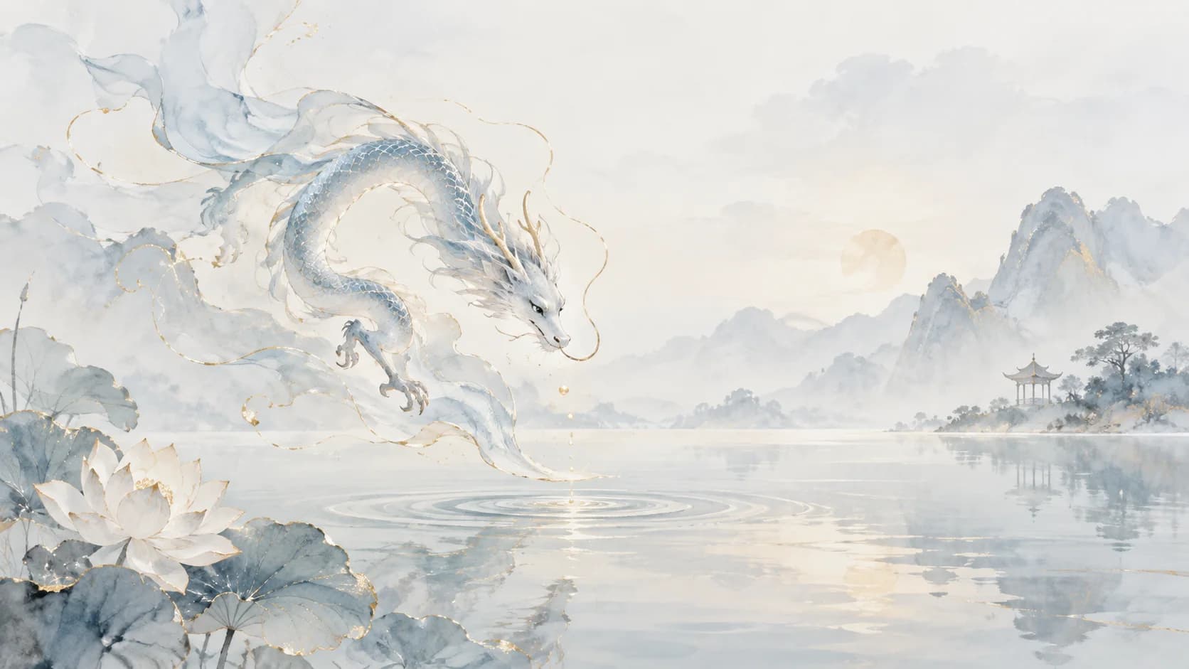 A delicate blue watercolor dragon floating above still water.
