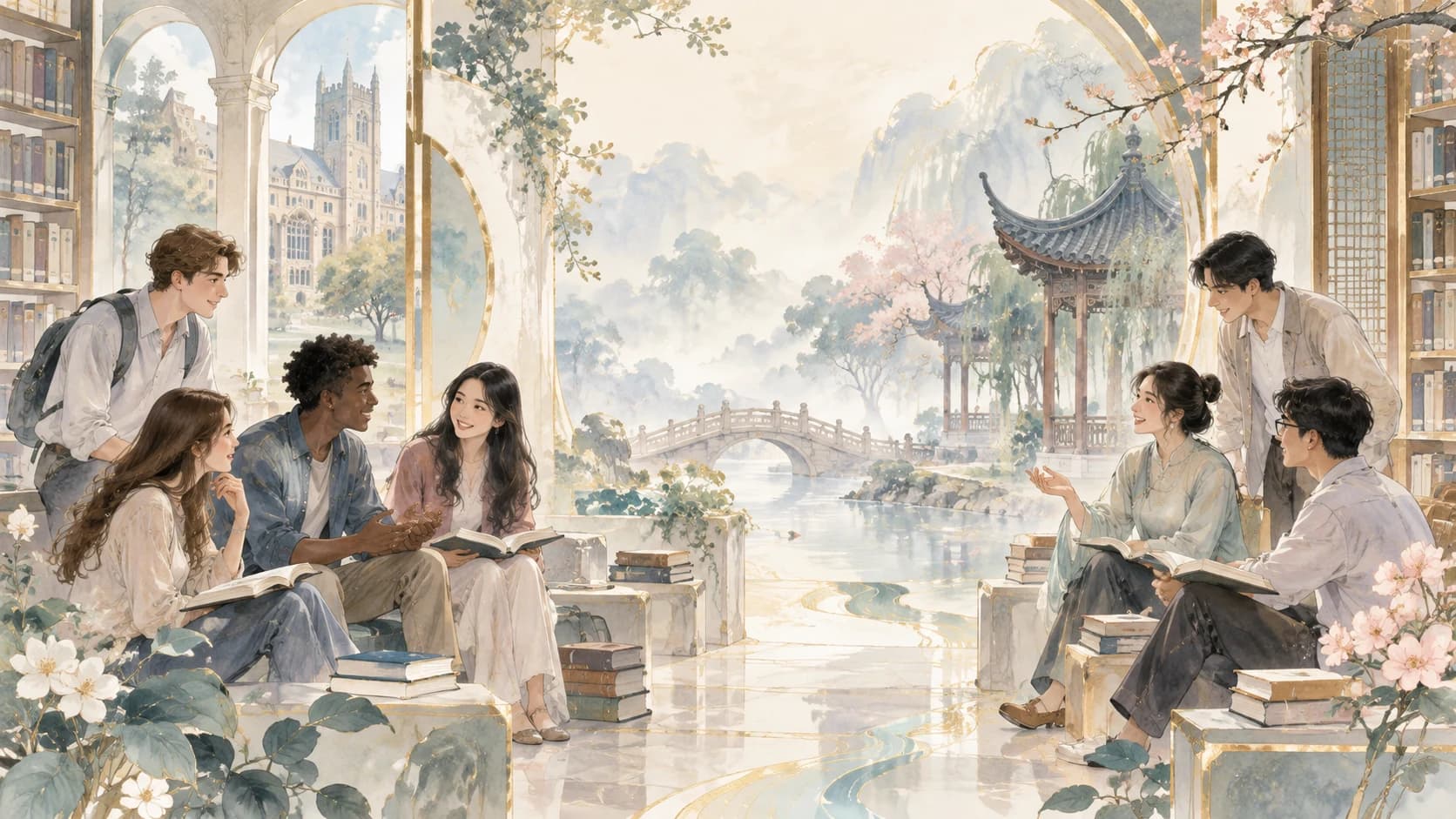 Watercolor illustration of young adults reading and talking between a library and a Chinese garden.