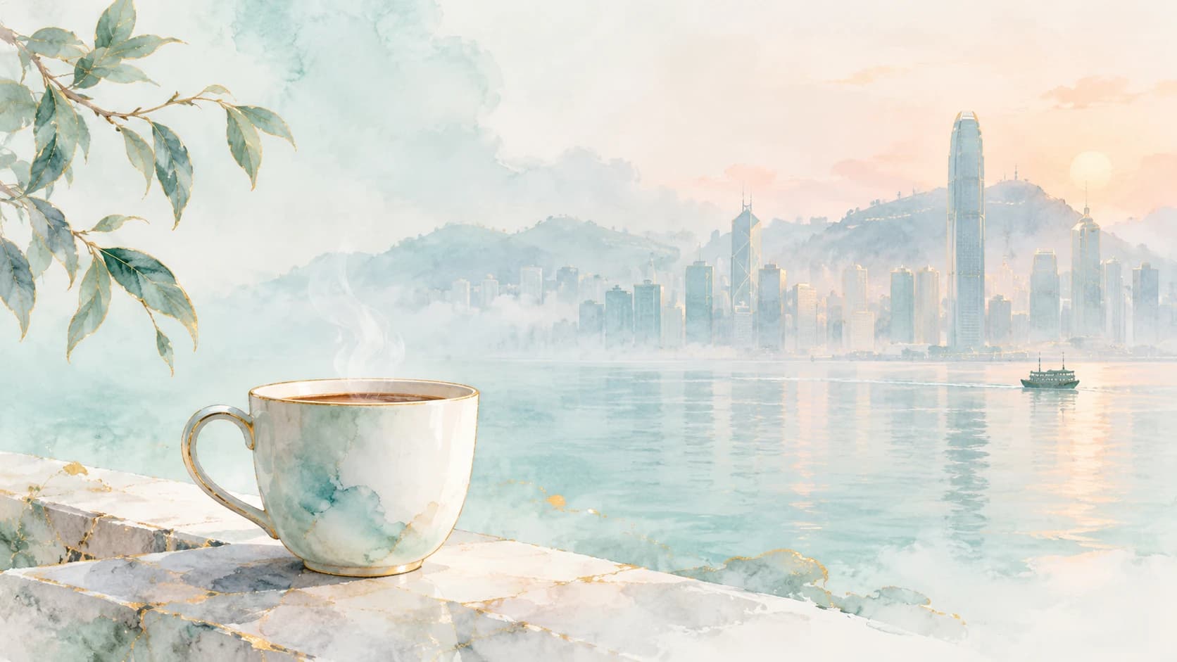 Eine unbedruckte Keramik-Kaffeetasse neben einer sanft in blassem Jade und Pfirsich gemalten Aquarell-Skyline des Hafens von Hongkong.