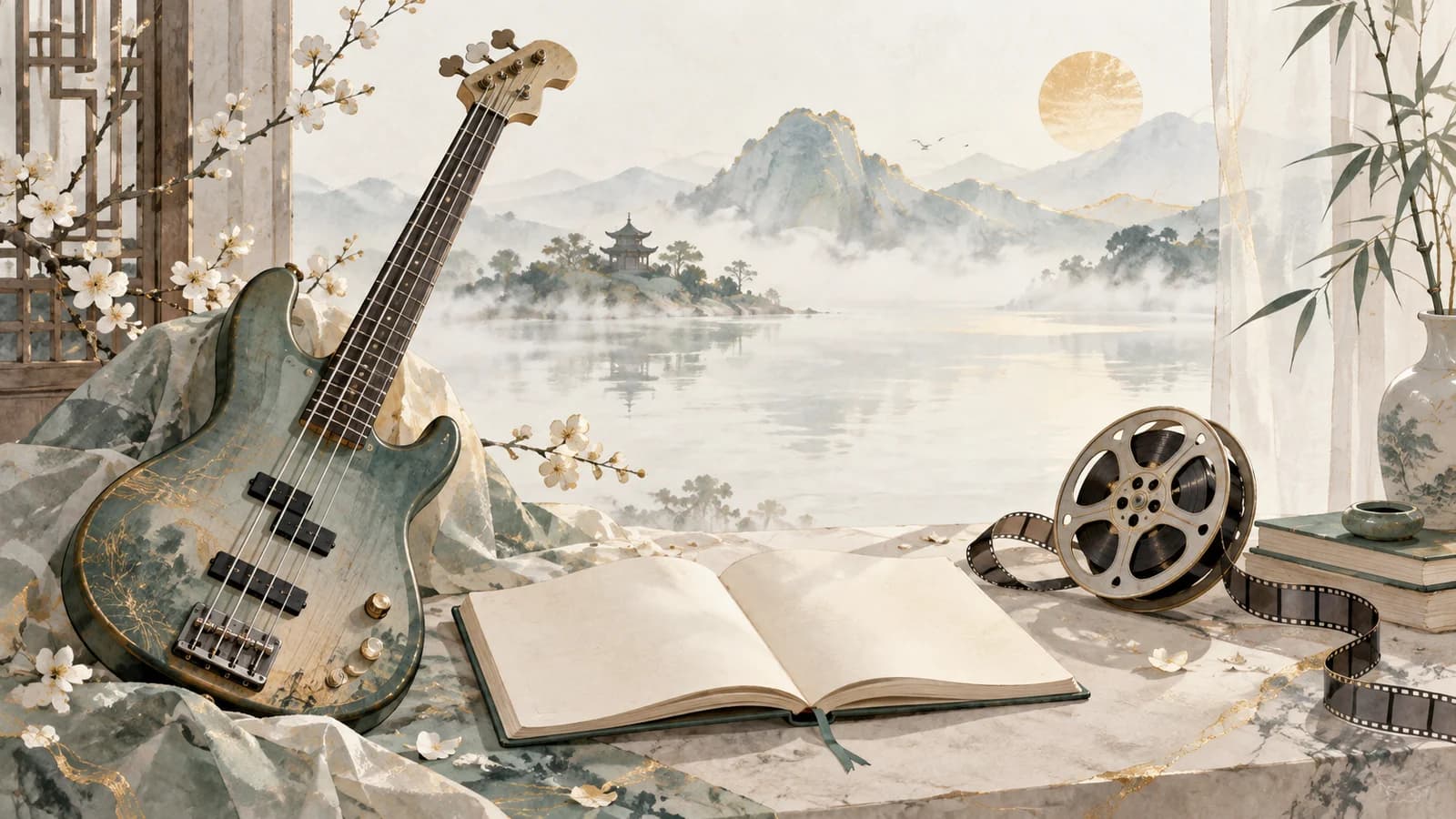 Watercolor bass guitar, notebook and film reel beside a misty landscape