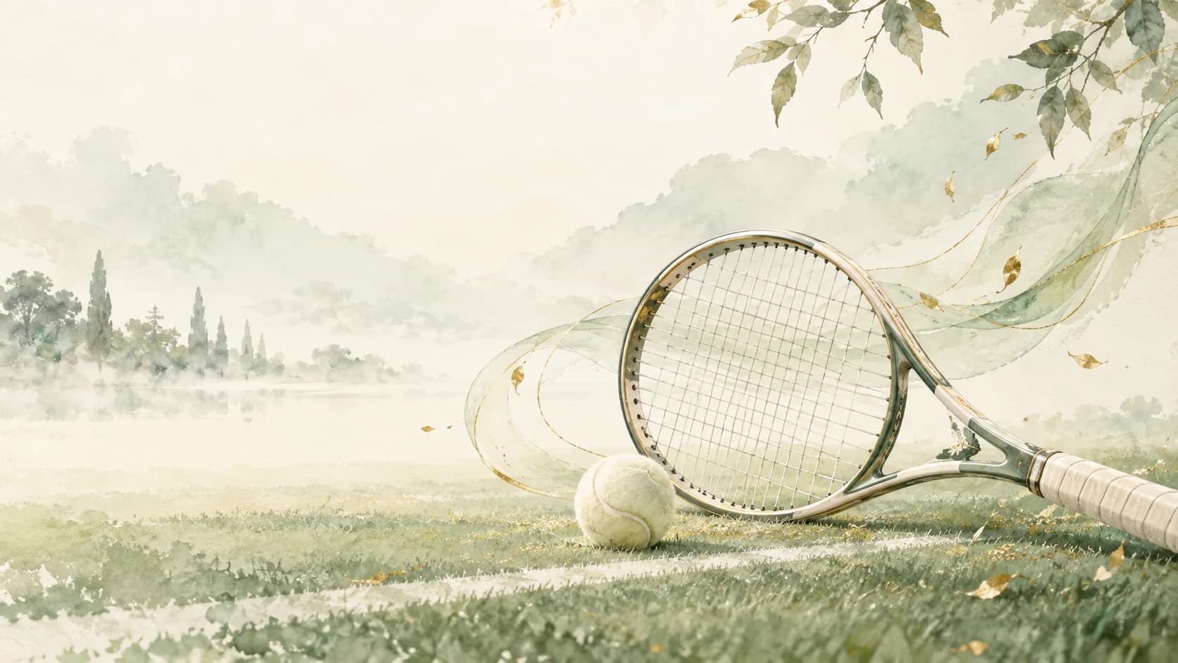 A tennis racket and ball in an airy sage watercolor landscape.