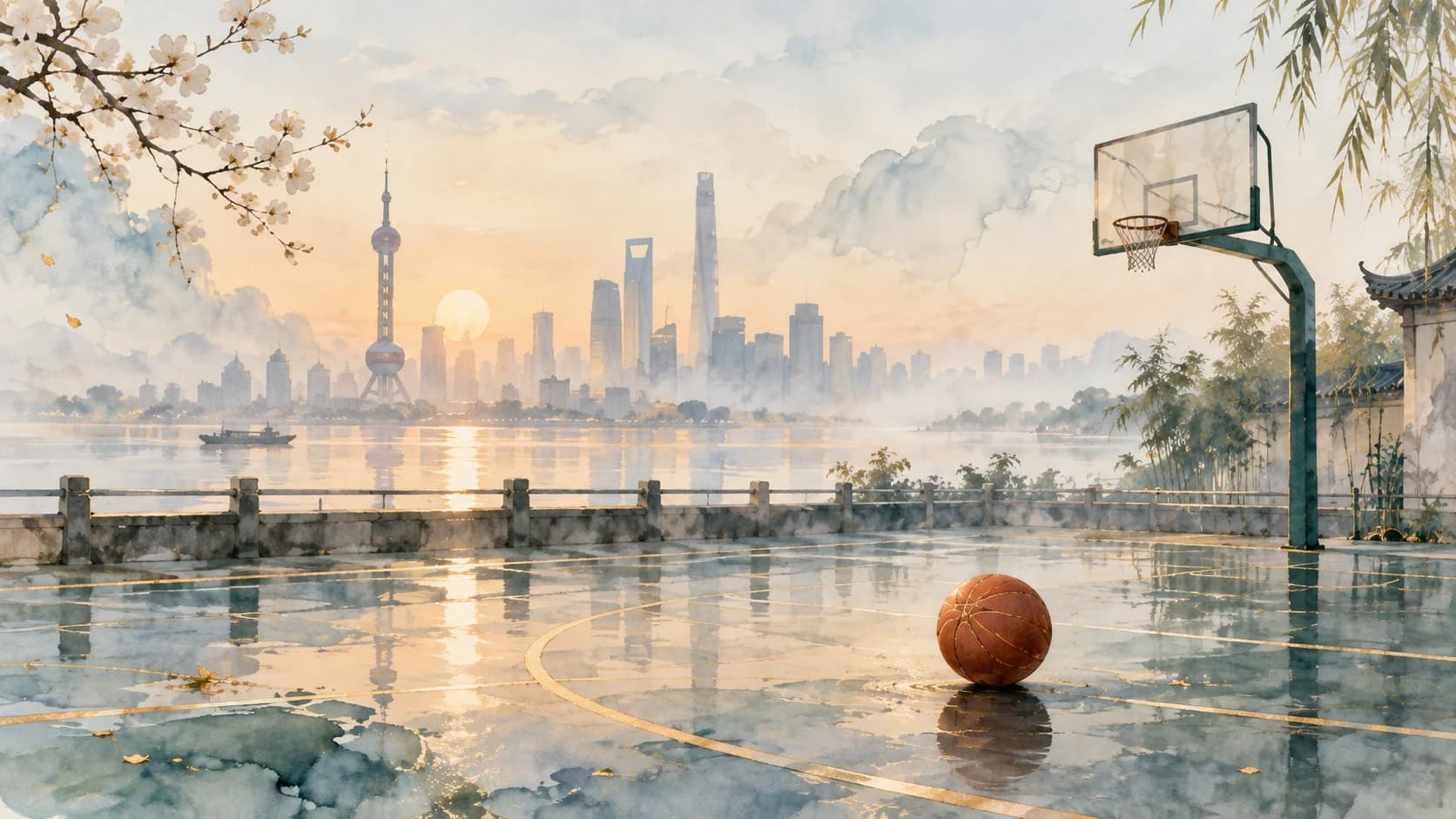 Watercolor illustration of a basketball and hoop beside a misty Shanghai riverfront.
