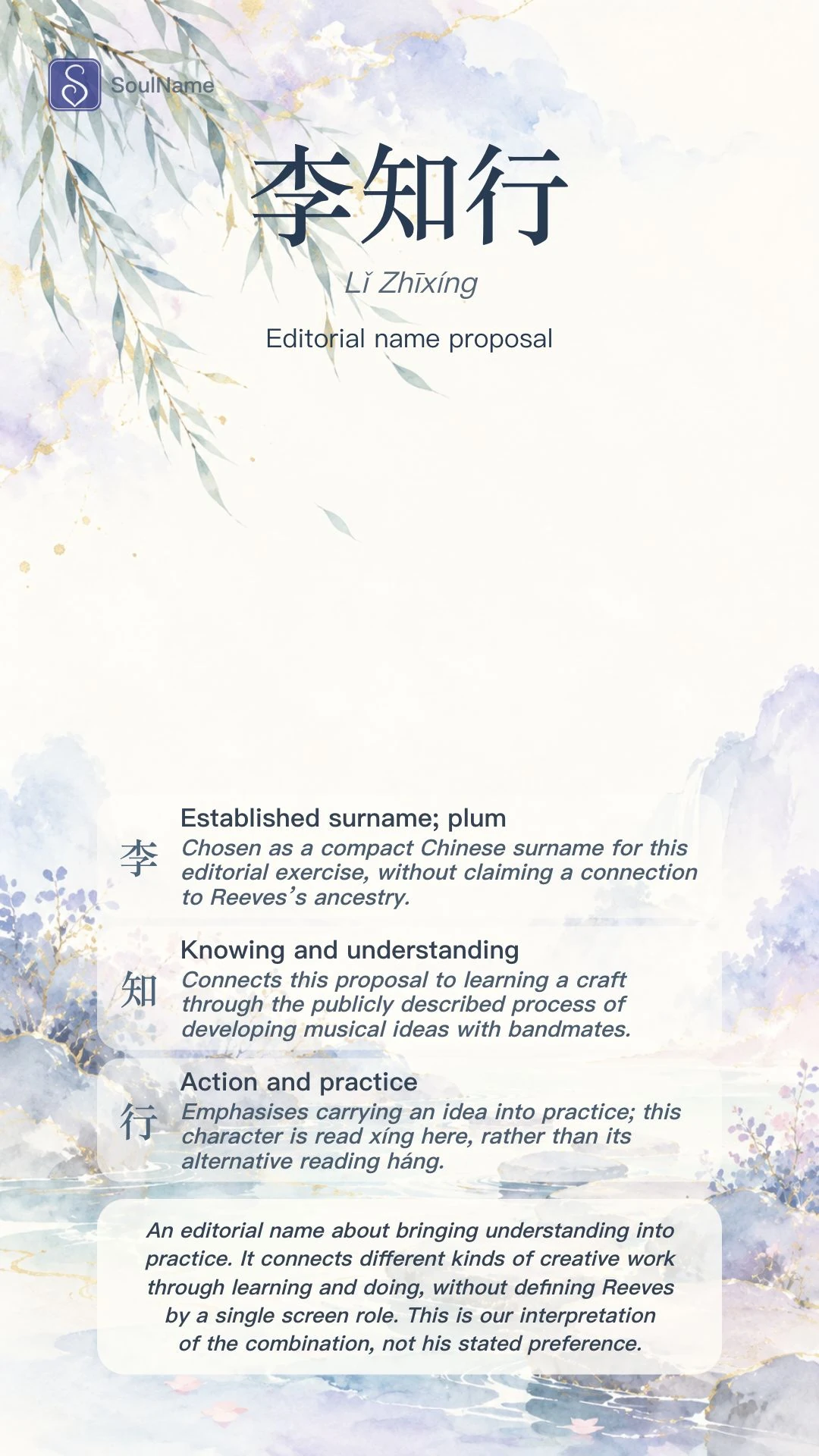 Fiche de nom éditoriale SoulName pour 李知行, Lǐ Zhīxíng